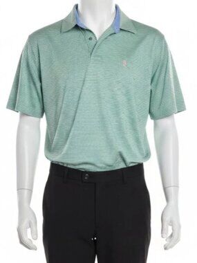 IZOD Mens Large Polo Shirt Green Blue Striped Stretch Short Sleeve Golf Shirt